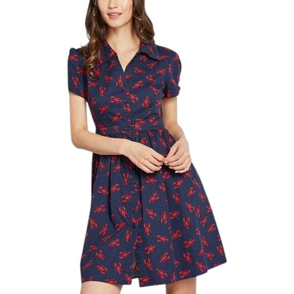 Modcloth Mini Shirt Dress Womens Large Medium Lobsters Navy Blue Red Coastal - Picture 1 of 9